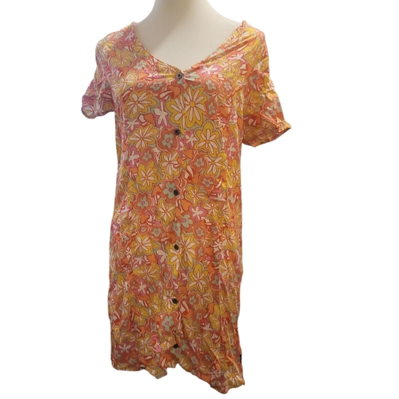 VANS resort floral brunching buttondown mini dress large orange yellow - Picture 4 of 10